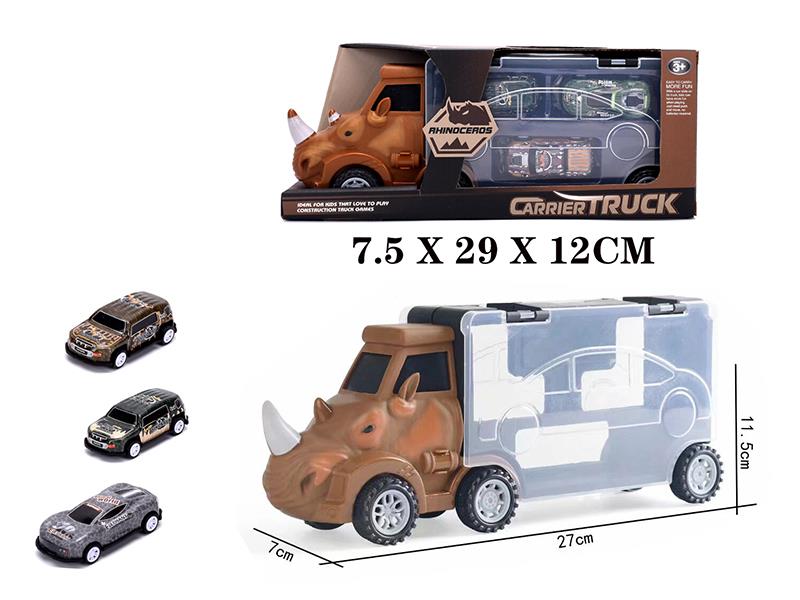 Rhino Slide Storage Car + 3 Animal Pull Back Iron Cars