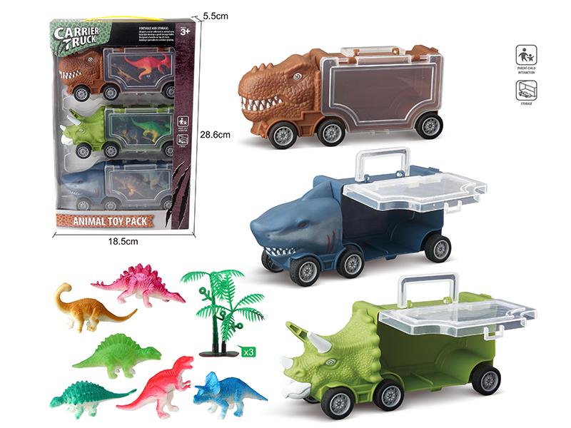 Triceratops Storage Car + Shark Storage Car + Tyrannosaurus Rex Storage Car + 6 Dinosaurs + 3 Trees