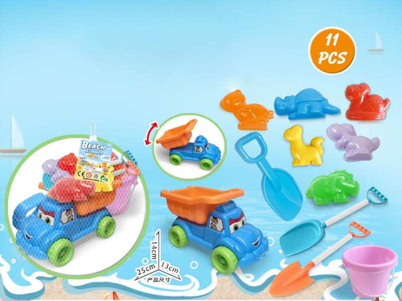Large Truck With Dinosaur Beach Accessories + Bucket + Large Shovel (11 Pieces)