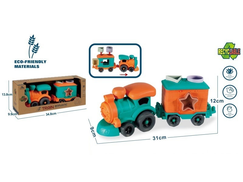 Lighting And Sound - Straw Material Sliding Cartoon Locomotive Hanging Carriages (Geometric Grain-Shaped Blocks *4)