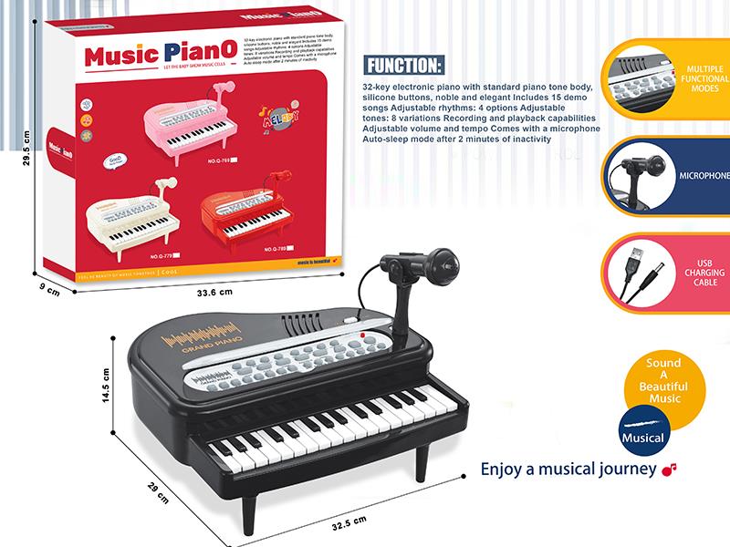 32-Key Multifunctional Piano With Microphone, USB Cable(Black)
