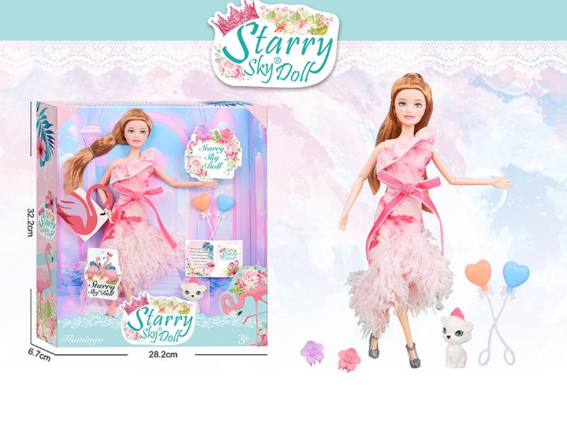 11.5 Inch 11-Joints Flamingo Series Fashion Doll With 2 Hair Clips, Balloon, Pet Dog