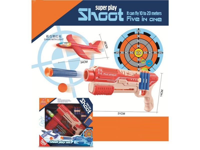 5-In-1 Multi-Functional Aircraft Gun (Bright Red + Pink) Soft Projectile X6, Eva Ball X6, Target X1, Aircraft (Cabin With Light And Whistle) X1, Gun X1, Instruction Manual X1