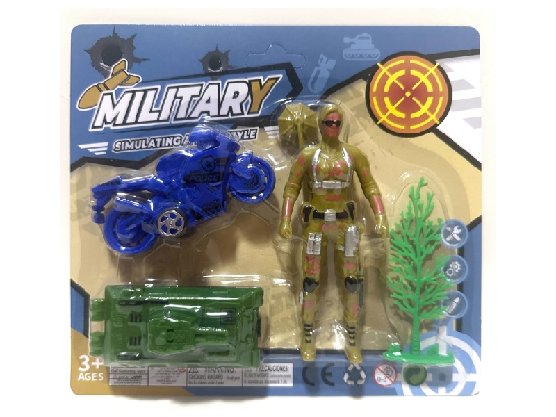 12Cm Soldier With A Sliding Motorcycle, Sliding Tank And Tree