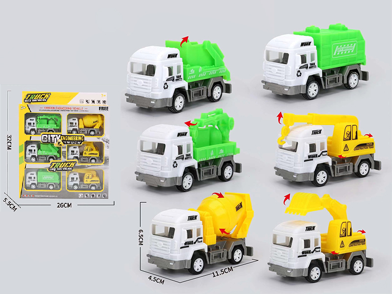 6pcs Pull Back Engineering Trucks, Sanitation Trucks