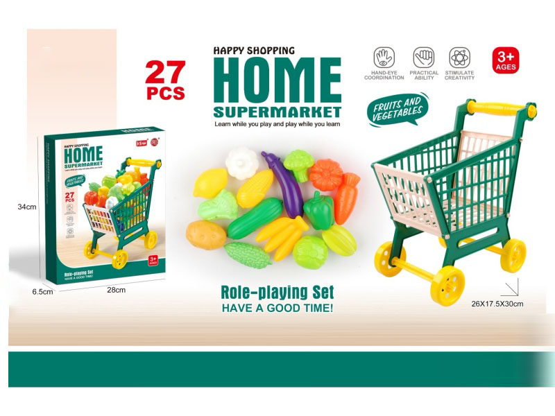 The Shopping Cart In The Color Box Contains Fruits And Vegetables