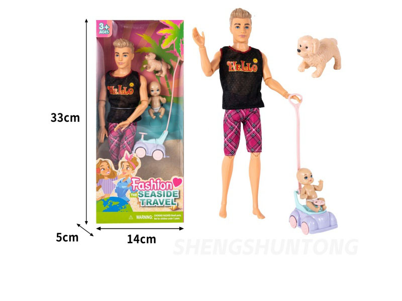 A 12-Inch Real 11-Joint Male Doll Prince With A Baby Stroller And A Pet Dog