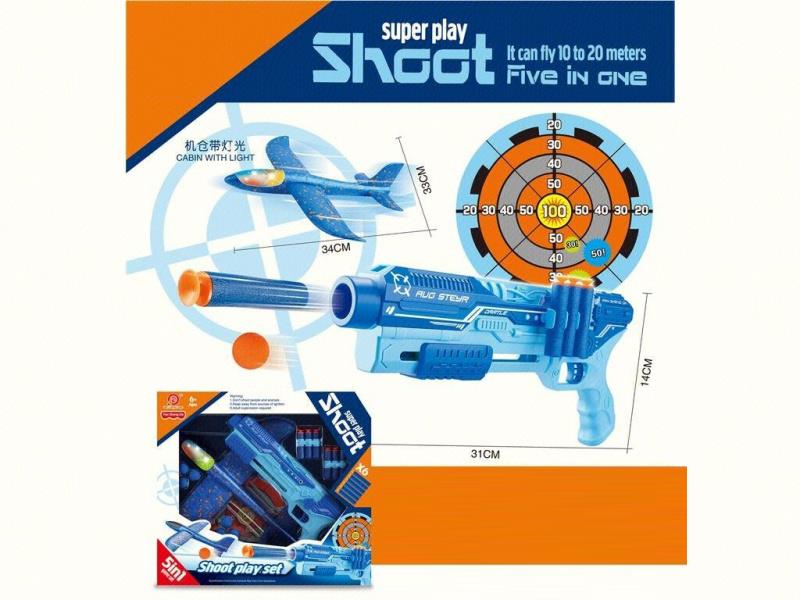 5-In-1 Multi-Functional Aircraft Gun (Blue + Light Blue) Soft Ammunition X6, Eva Balls X6, Target X1, Aircraft (With Cabin Light And Whistle) X1, Gun X1, Instruction Manual X1