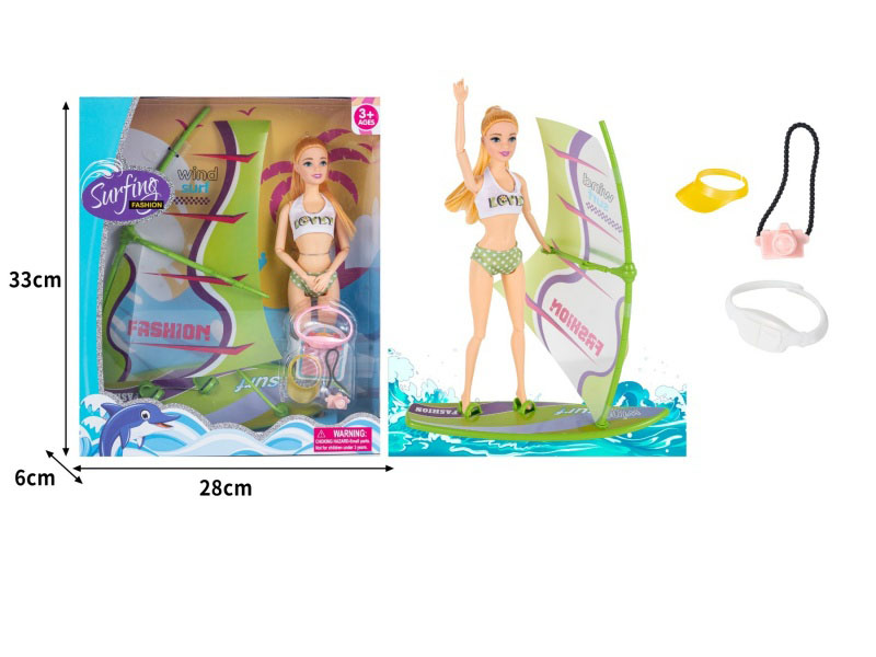 11.5-Inch Real 11-Joint Doll With Sailboat Surfboard Dual-Purpose + Camera, Sun Hat, Waist Bag Vacuum-Formed
