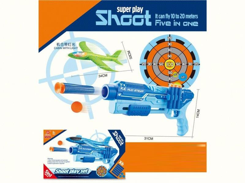 5-In-1 Multi-Functional Aircraft Gun (Blue + Green) Soft Ammunition X6, Eva Balls X6, Target X1, Aircraft (With Cabin Light And Whistle) X1, Gun X1, Instruction Manual X1