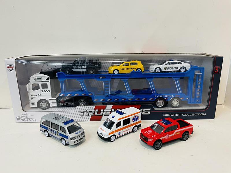 1:50 Alloy Trailer With 6 Pull Back Small Cars
