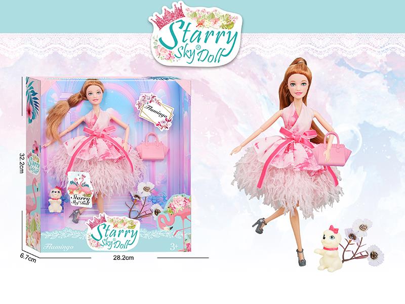11.5 Inch 11-Joints Flamingo Series Fashion Doll With Simulated Bouquet, Pet Dog, Handbag