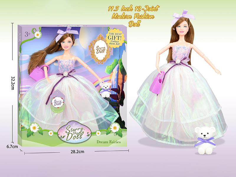 11.5 Inch 12-Joint Modern Fashion Doll With Crown, Bear, Handbag