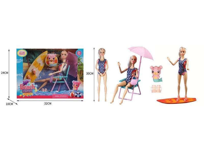 11.5-Inch Real 11-Joint Doll Princess With Summer Beach Chair + Surfboard Vinyl Beauty Bear Bag Telescope
