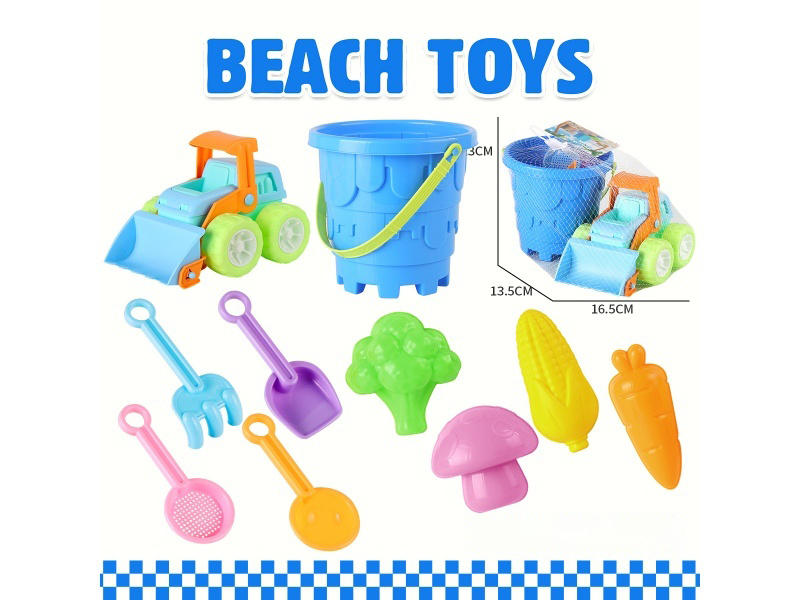 Beach Car Bulldozer Castle Bucket Shovel Tools, Fruit And Vegetable Sand Mold, 10 PCS