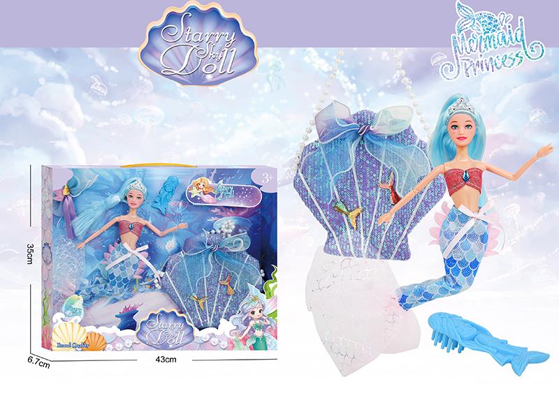 11.5 Inch 11-Joints Mermaid Princess Doll With Hair Clip, Children's Shell Handbag, Comb