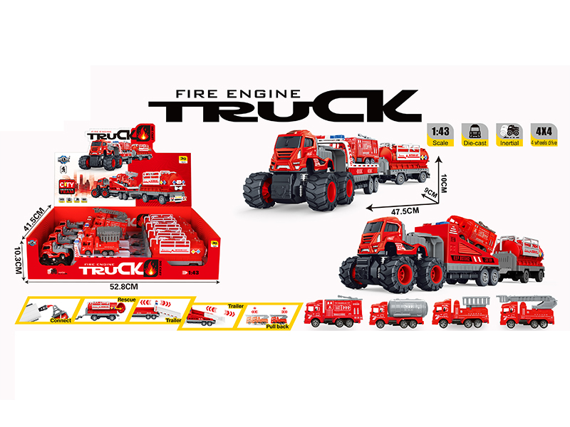 4WD Friction Alloy Double Trailer With Pull Back Fire Engine(4PCS)