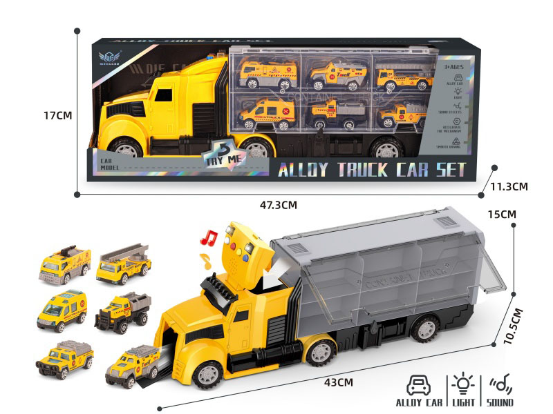 Engineering Long-Head Container Truck + Yellow Fire Engine Series Alloy Vehicle