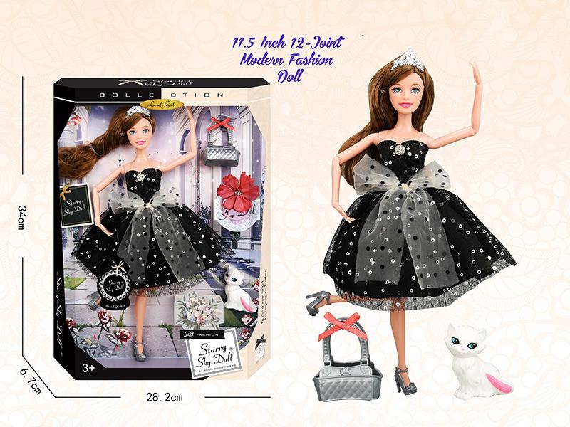 11.5 Inch 12-Joint Modern Fashion Doll With Hair Tie, Crown, Pet Cat, Wish Card, Handbag