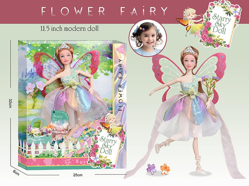 11.5 Inch 11-Joints Flower Fairy Doll With PVC Wings, Crown, 2 Hair Clips, Simulated Bouquet