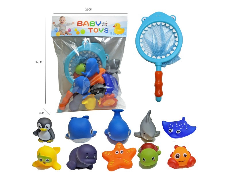 Shark Fishing Net + Soft Rubber Ocean Set (11-Piece Set) Cross-Border Bathroom Fish Fishing Toys, Bathing Toys, Fish Fishing And Bathing Toys, Water Play Children'S Rubber Animal Toys