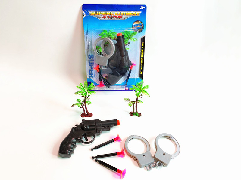 One Revolver Gun With Three Needles, Handcuffs, Two Coconut Palms