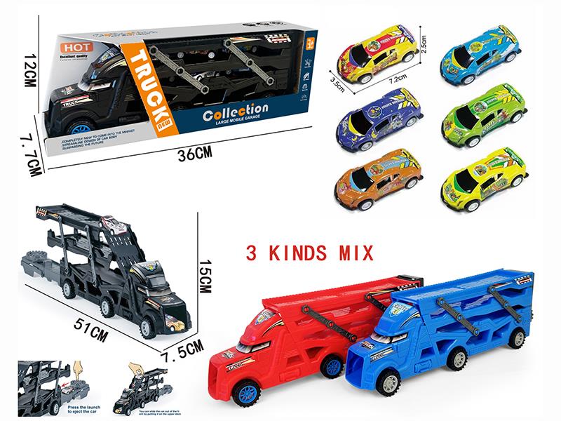 Three-Decker Folding Ejection Container Truck + 3PCS 7.2CM Pull Back Dinosaur Iron Cars