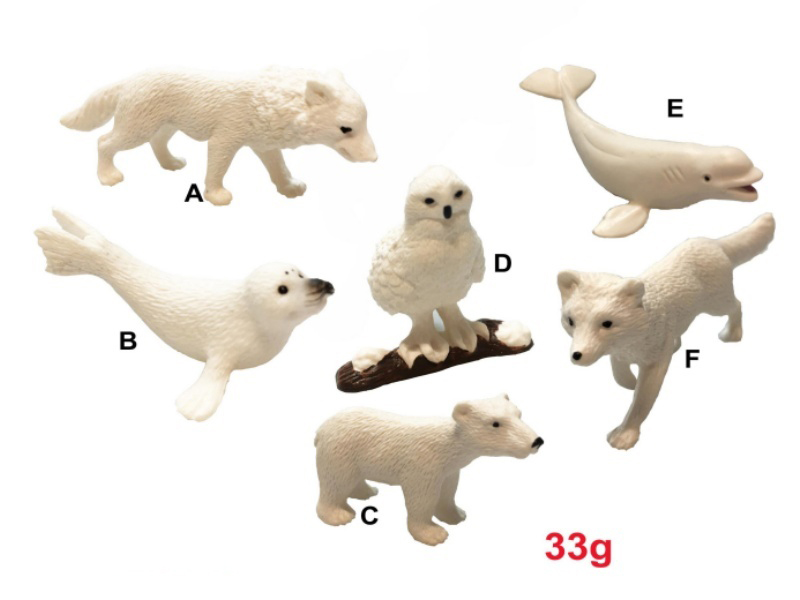 6 Mini Winter Animals (White Wolf, Seal, Polar Bear, Snowy Owl, White Fox, Beluga Whale)