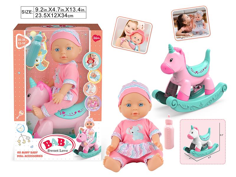 12" Baby Doll(No IC, Vinyl Head, Blow Molding Body, Hands And Feet) + Feeding-Bottle + Hobbyhorse