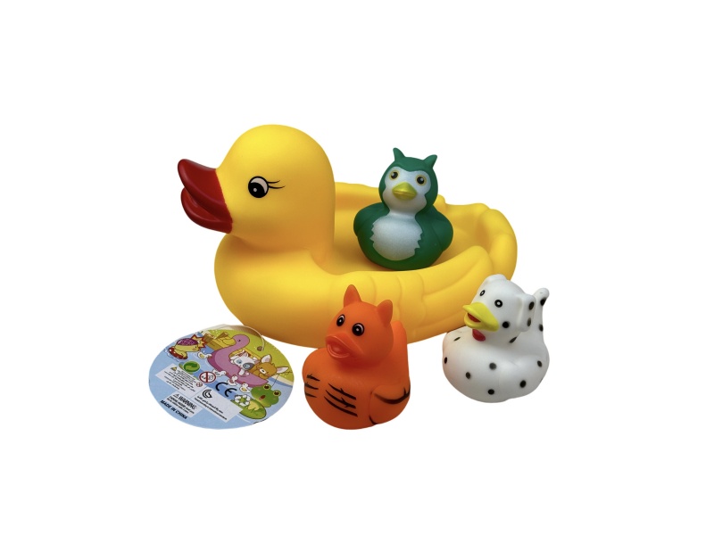 A Large Female Duck Playing In The Bathroom With An Animal Duck