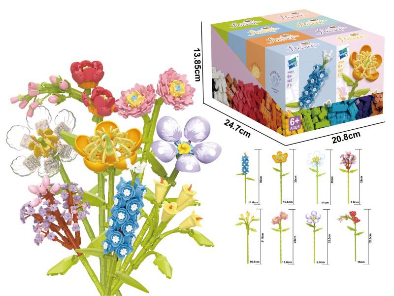 Eight-In-One Flower Bouquet Building Blocks: Delphinium, Hypericum, Mountain Lotus, Lilac, Calla Lily, Cherry Blossom, Vanda, Freesia, 256 Pieces