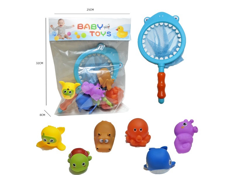 Shark Fishing Net + Soft Rubber Ocean Set (7-Piece Set) Cross-Border Bathroom Fish Fishing Toys, Bathing Toys, Fish Fishing And Bathing Toys, Water Play Children'S Rubber Animal Toys
