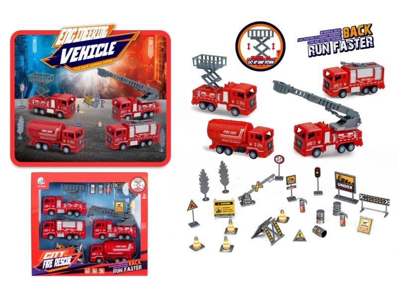 Four Pull-Back Fire Trucks With Road Signs