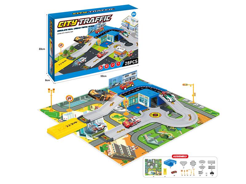 Simulation Track Ctiy Traffic Scene Set(With 2 Pull Back Cars, Launcher)