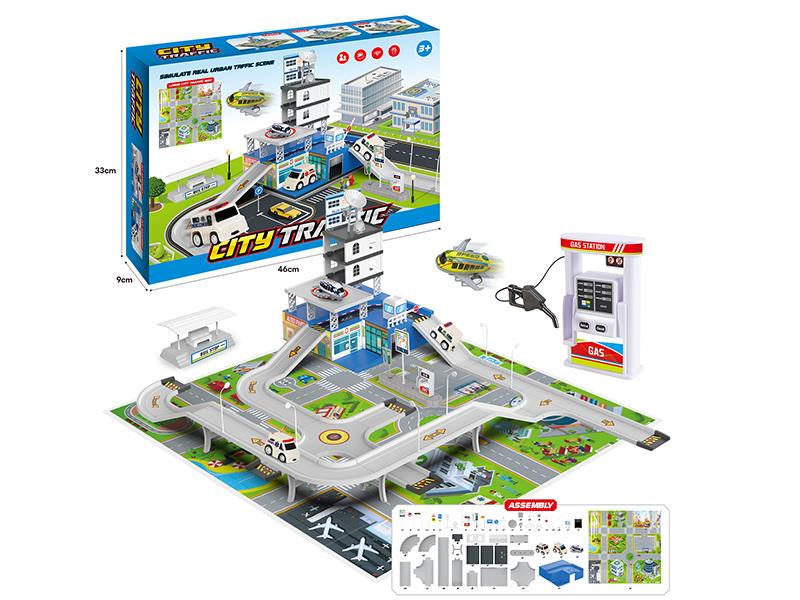 Simulation Track Ctiy Traffic Scene Set(With Gas Station Model, 2 Pull Back Cars, 1 Pull Back Airplane)
