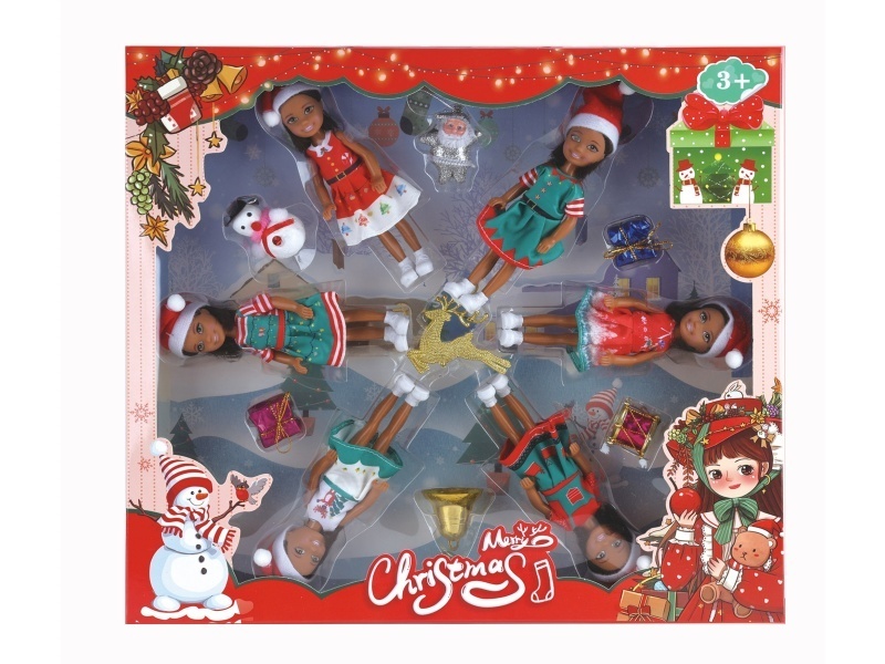 6 Pieces Of 5-Inch Solid Black-Skinned Christmas Dolls + Random Window Box With Accessories