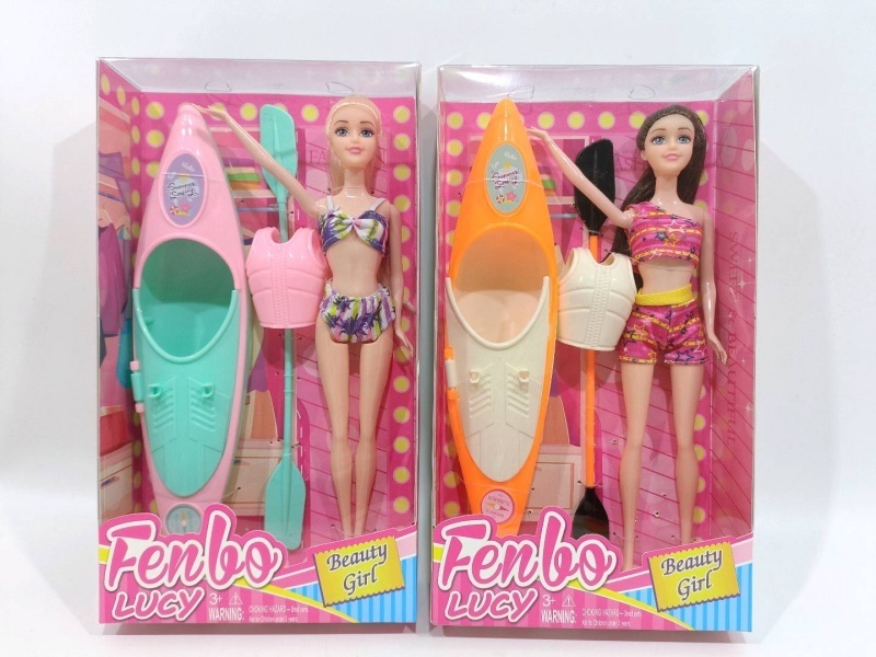 Two 11.5-Inch Fashionable Dolls With Rubber Boats