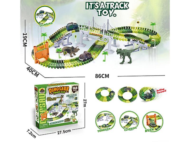 (180 Pieces)7.5Cm Dinosaur Track (144 Pieces + 4 Bridges + 4 Pillars + 2 Bridge Railings + 2 Bridge Piers + 4 Bases + 4 Bridge Columns + 1 Vehicle + 2 Dinosaurs + 4 Trees + 1 Door + 8 Road Signs)