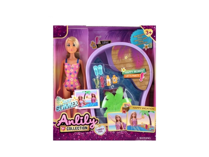 11.5-Inch Solid Body Doll Swimming Pool Set (Brown Skin)