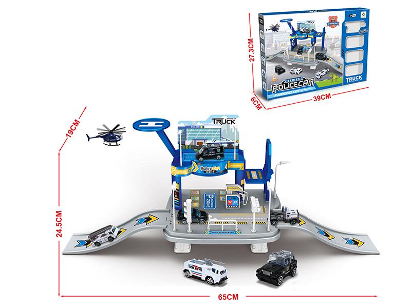 Police Series Track Parking Lot With 1 Helicopter And 3 Alloy Cars