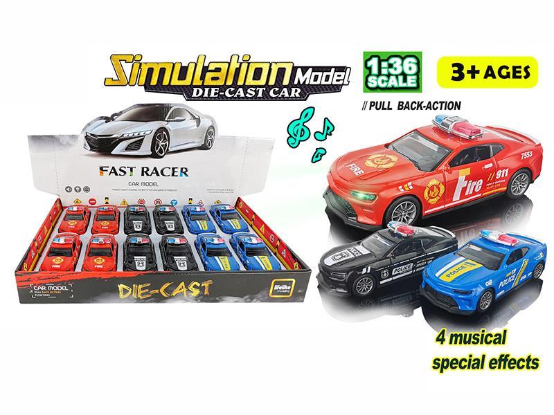 1:36 Alloy Pull Back Police Car With Light And Music 12pcs