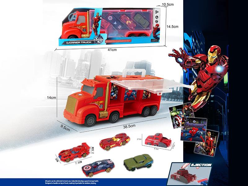 Friction Iron Man Storage Carrier Truck + 4pcs 7.5cm Slide Alloy Cars + Launcher