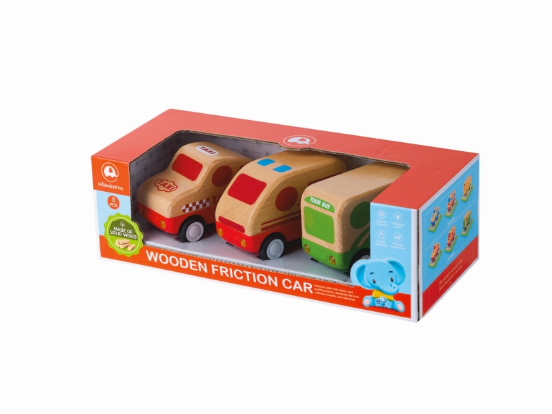 Wooden Friction Car With Music And Lights 3pcs