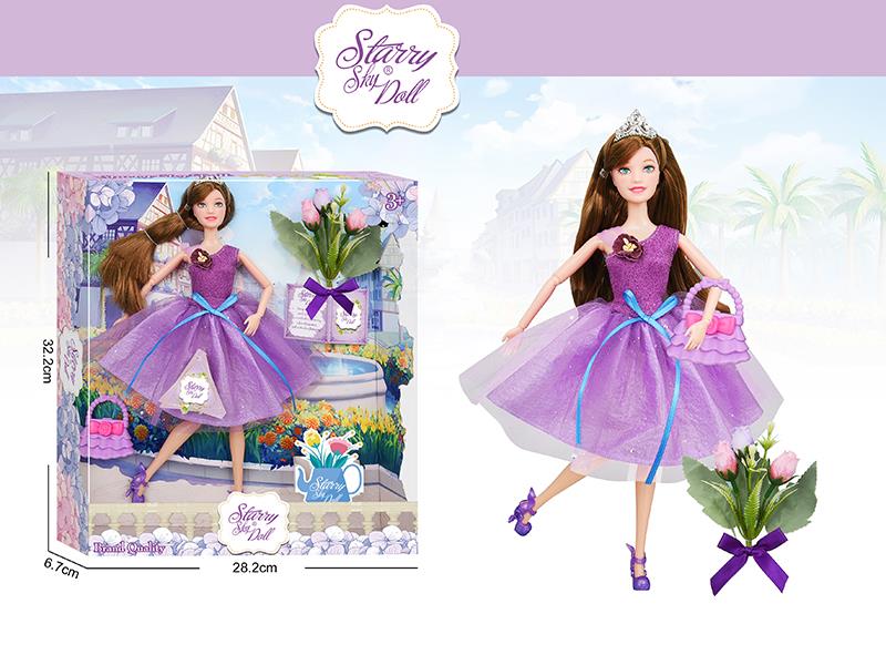 11.5 Inch 11-Joints Fashion Doll With Crown, Simulated Bouquet, Handbag