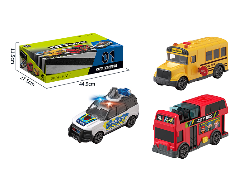 Friction City Car With Sound And Lights(Police Cars, School Buses, Buses)6PCS