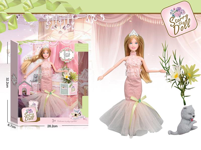 11.5 Inch 11-Joints Fashion Doll With Crown, Cat, Simulated Bouquet