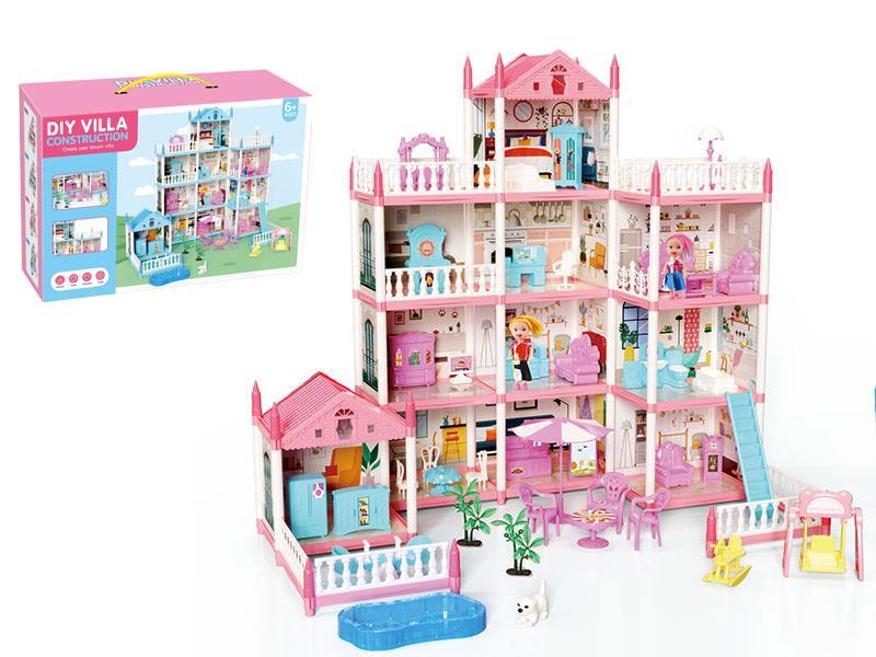 DIY Luxurious Four-Storey Villa With Lights(Pink) + 2 Dolls (11 Rooms)