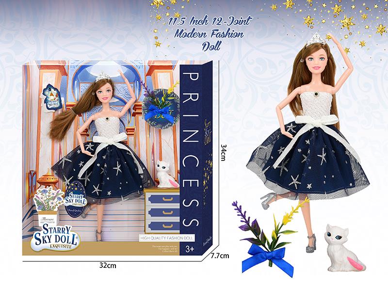 11.5 Inch 12-Joint Fashion Doll With Bouquet, Soft Plastic Cat, Crown