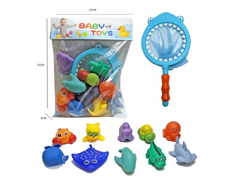Shark Fishing Net + Soft Rubber Ocean Set (11-Piece Set) Cross-Border Bathroom Fish Fishing Toys, Bathing Toys, Fish Fishing And Bathing Toys, Water Play Children'S Rubber Animal Toys