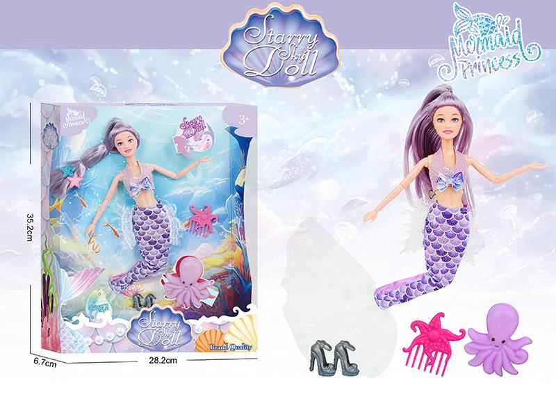 11.5 Inch 11-Joints Mermaid Princess Doll With Hair Clip, Starfish, Comb, Octopus